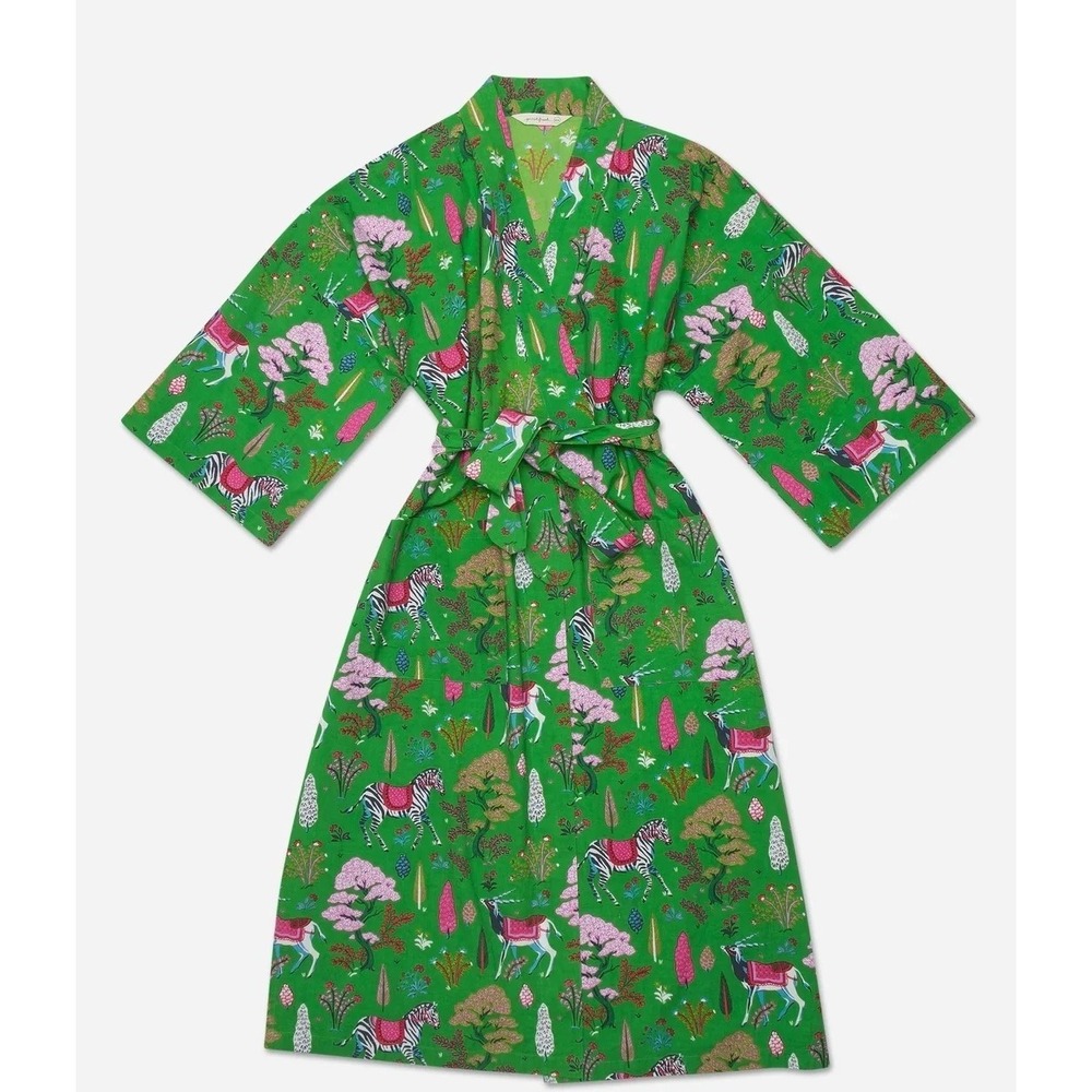 Print Fresh Anthro Women's S/M Organic Cotton Green Animal Pocket Robe ANTELOPE
